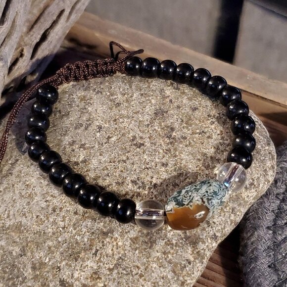 Tibetan Moss Agate Black Beads Gemstone Bracelet - Picture 4 of 6